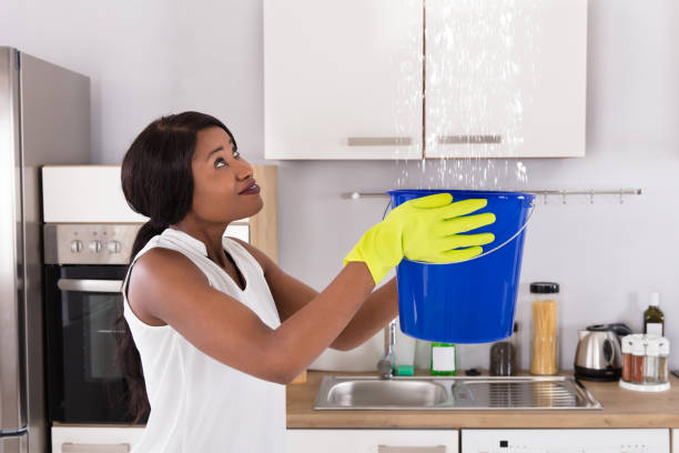 istock Woman Holding Bucket While Water Droplets Leak From Ceiling 909313550