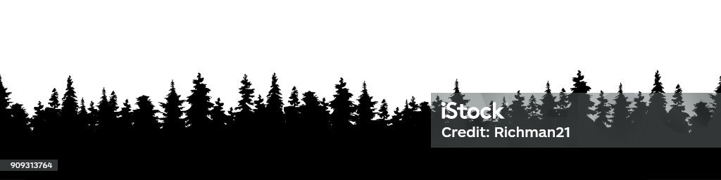 Illustration vectorielle d’un panorama de la silhouette d’une forêt de conifère. Fond de la forêt - clipart vectoriel de Silhouette - Contre-jour libre de droits