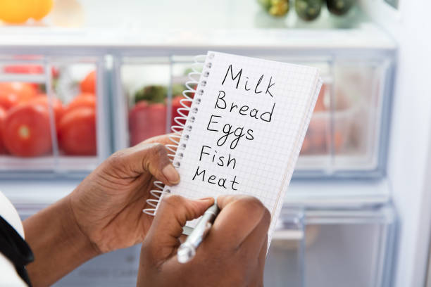 istock Woman Writing On Shopping List Near Refrigerator 909314116