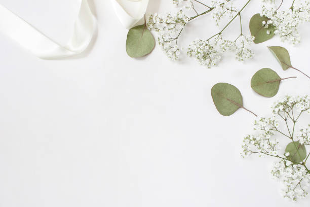 ストック フォトのスタイル。女性の結婚式赤ちゃんの呼吸シュッコンカスミソウ花、乾燥グリーン ユーカリの葉、サテンのリボン、白い背景でデスクトップのモックアップ。空の空間。平面図です。ブログの画像
