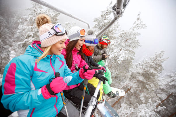 istock Friends in ski lift on mountain 909316838