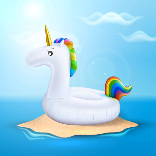 ilustrações de stock, clip art, desenhos animados e ícones de vector unicorn inflatable pool ring on beach - swimming pool party summer beach ball