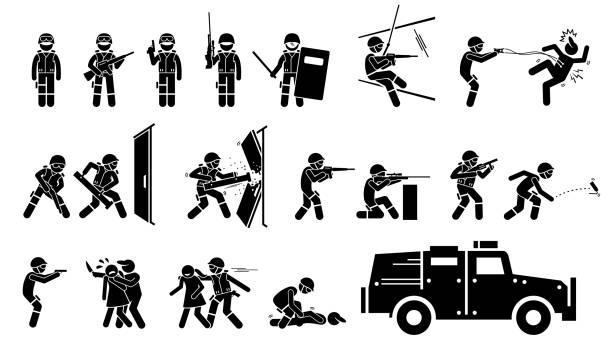 SWAT Special Weapons and Tactics Icons. Stickman pictogram set depicts SWAT police actions, poses with guns and weapons, breaking door, standoff, rescue hostage, fighting criminal, and a SWAT vehicle. female sharp shooter stock illustrations