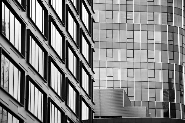 istock Modern office building. Architectural details of modern  building. Black and white. 909332942
