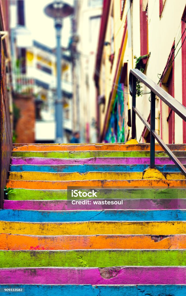 Closeup of colorful staircase Closeup of colorful staircase in Valparaiso, Chile Valparaiso - Chile Stock Photo