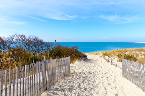 Sandy path to the beach at Cape Henlopen in Lewes, Delaware along the Atlantic Ocean.