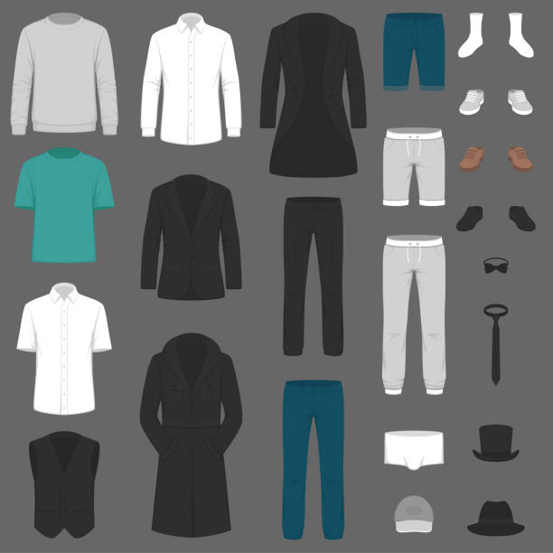 ilustraciones, imágenes clip art, dibujos animados e iconos de stock de juego de moda de hombre. ropa de vector. pantalones, traje, camisa y chaqueta - shirt clothing dress elegance