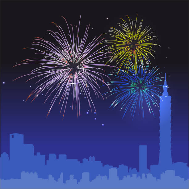 Chinese New Year Taipei vector background with fireworks - ilustração de arte vetorial