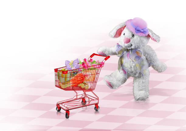 Easter bunny with shopping cart filled with traditional Easter flowers, gifs, and foods.