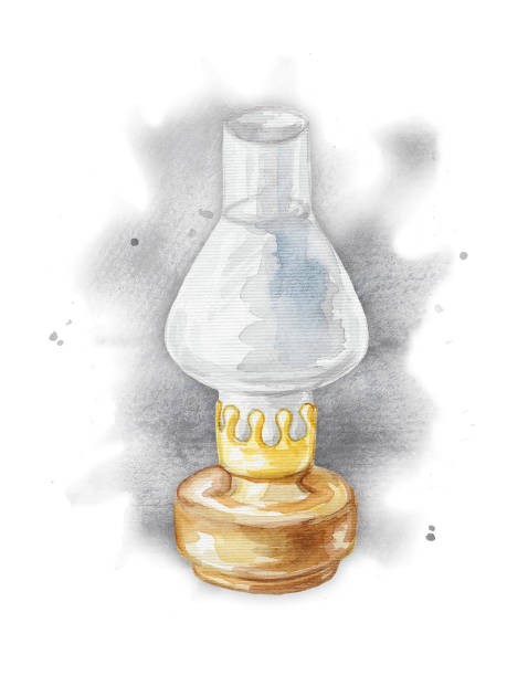 Watercolor kerosene lump Vintage beige lamp on watercolor splotches. Watercolor hand drawn illustration old oil lamp stock illustrations