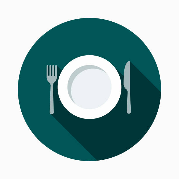 umieść ikonę płaskiego projektu restauracji z cieniem bocznym - fork place setting silverware plate stock illustrations