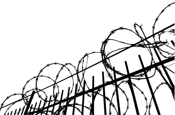 illustrations, cliparts, dessins animés et icônes de fil barbelé barrière  - prison