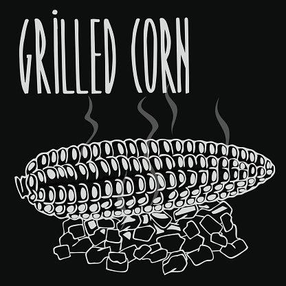 Isolate grilled corn ears fruit as chalk on blackboard. Close up clipart in chalkboard style. Hand drawn icon
