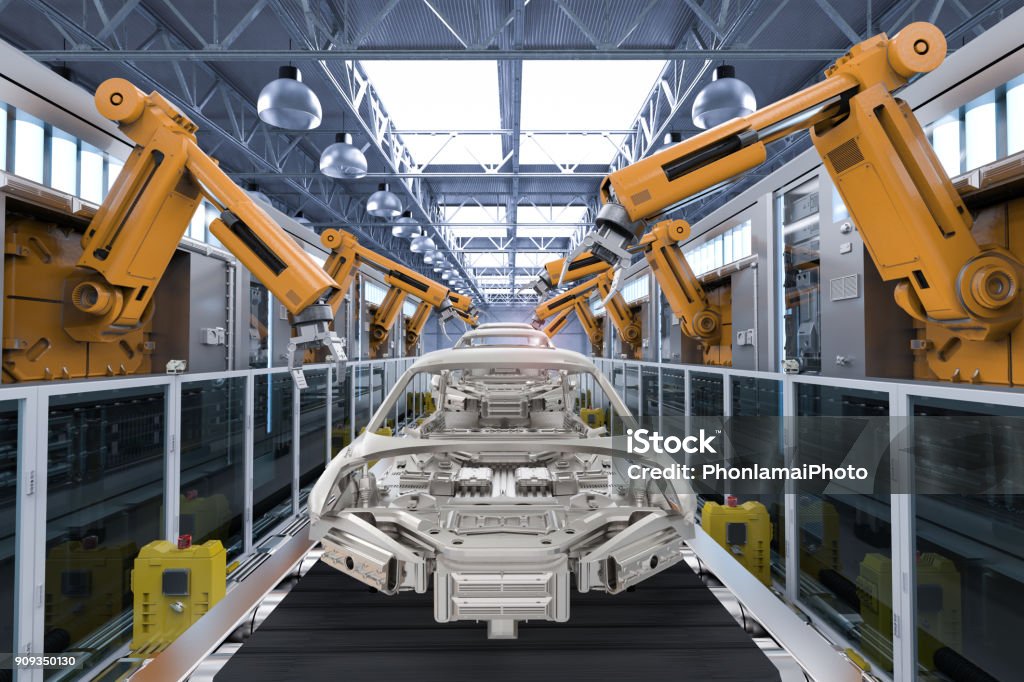 robot in car factory 3d rendering robot assembly line in car factory Car Stock Photo