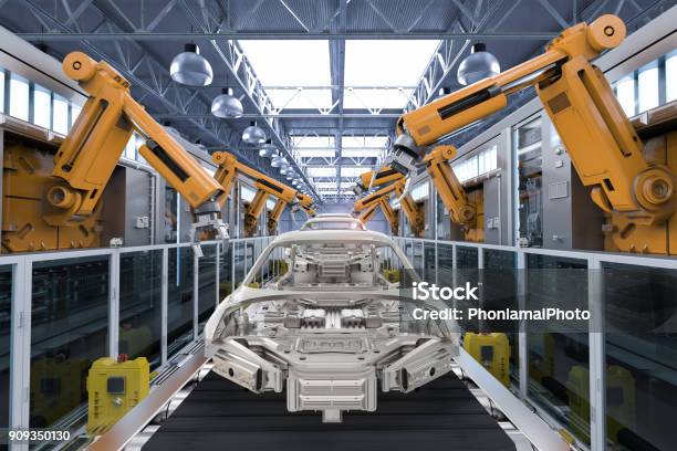 Robot In Car Factory Stock Photo - Download Image Now - Car, Manufacturing, Transportation