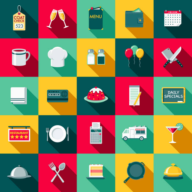 illustrations, cliparts, dessins animés et icônes de design plat restaurant icon set avec côté ombre - plateau à cloche