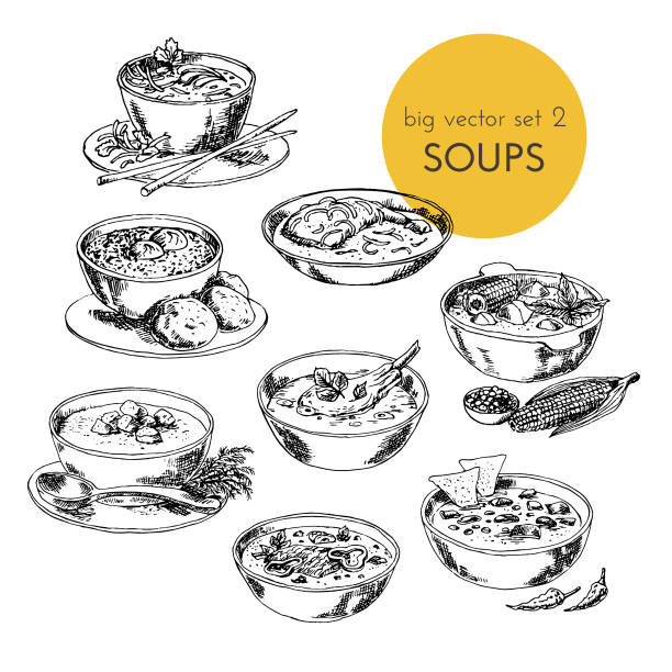 set of different hand draw soups illustration with set of different cuisines soups. Vector illustration hand drawn, graphic tureen stock illustrations