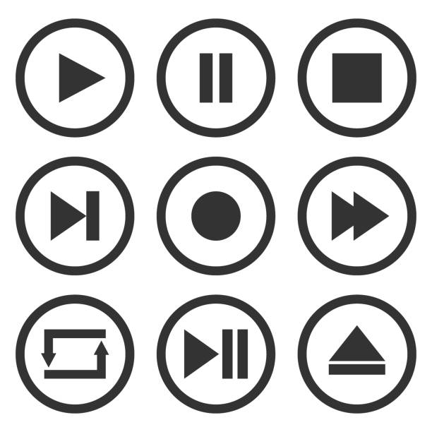illustrations, cliparts, dessins animés et icônes de jeu de boutons de contrôles de joueur de médias. jouer, pause, stop, enregistrement, forward, rewind, précédent, suivant, éjecter, répétez les icônes en cercle. vector - interface icons push button square shape badge
