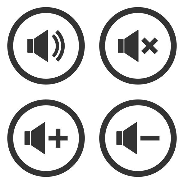 ilustraciones, imágenes clip art, dibujos animados e iconos de stock de conjunto de botones de controles de volumen del sonido. silencio, activar, más silenciosos, más iconos en círculo. vector de - off balance