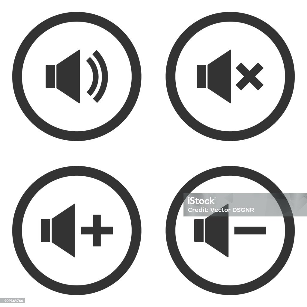 Sound volume control buttons set. Mute, unmute, quieter, louder icons in circle. Vector Sound volume control buttons set. Mute, unmute, quieter, louder icons in circle. Vector. Noise stock vector