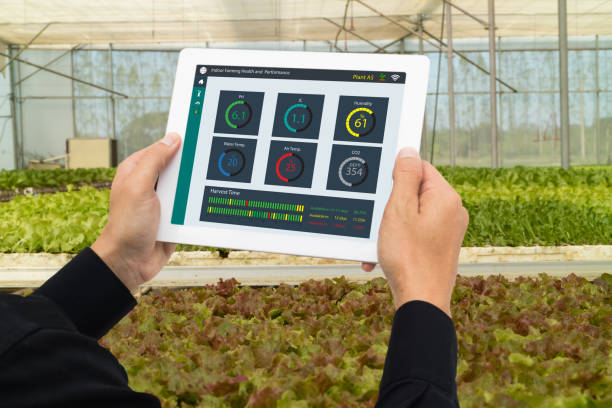 istock iot smart industry robot 4.0 agriculture concept,industrial agronomist,farmer using tablet to monitor, control the condition in vertical or indoor farm ,the data including Ph, Temp, Ic, humidity, co2 909367530