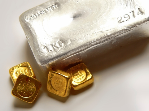 3d rendering of gold and silver bar bullion.