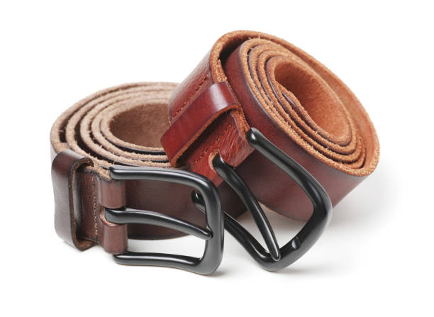 istock Men black and brown belt isolated on white background 909373128