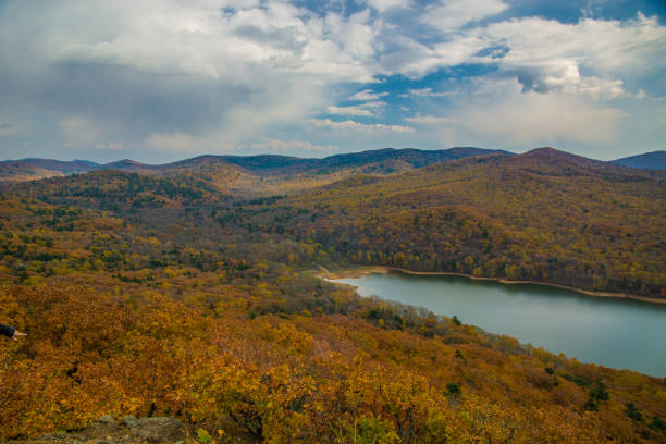 istock a large reservoir, top view. autumn forest and high blue sky, 909373594