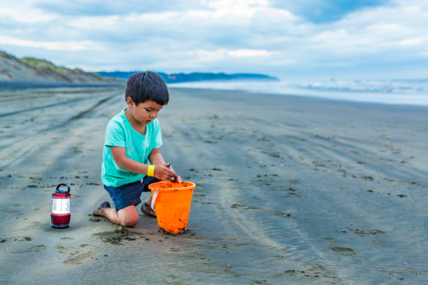 Young boy looking for fishing bait on a beach with a lantern and bucket