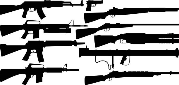 ilustrações de stock, clip art, desenhos animados e ícones de gun silhouettes - gun rifle weapon ak 47