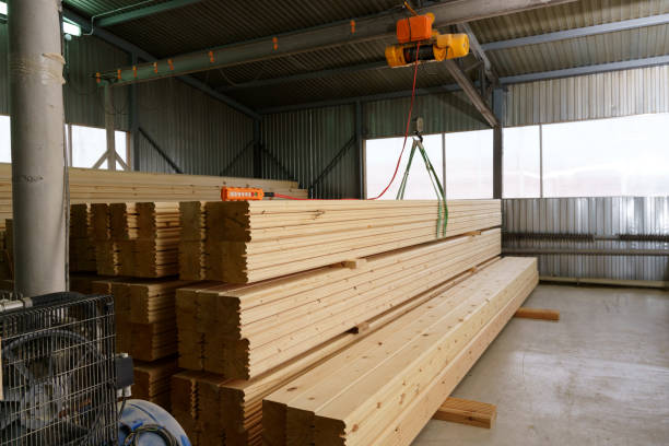 istock At sawmill. Warehouse lined with metal sheets 909381154
