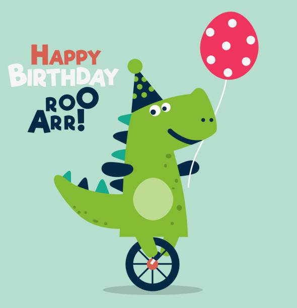 Happy birthday - lovely vector card with funny dinosaur Happy birthday - lovely vector card with funny dinosaur. Ideal for cards, invitations, party, banners, kindergarten, preschool and children room decoration dinosaur birthday stock illustrations