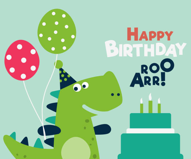 illustrazioni stock, clip art, cartoni animati e icone di tendenza di buon compleanno - bella carta vettoriale con dinosauro divertente - baby congratulating toy birthday