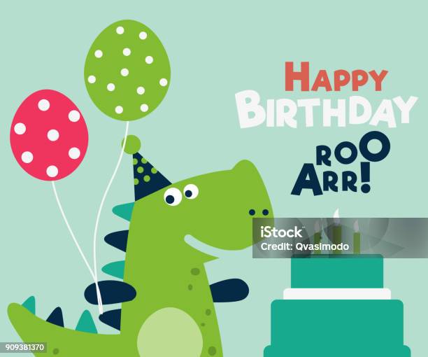 Happy Birthday Lovely Vector Card With Funny Dinosaur Stock Illustration - Download Image Now