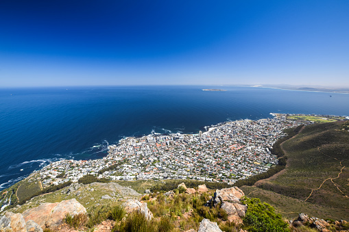 Panorama view of the Cape Town suburbs of Sea Point and Green Point as well as Signall Hill on the right, seen from the summit of Lion's Head mountain in Cape Town, Western Cape Province, South Africa