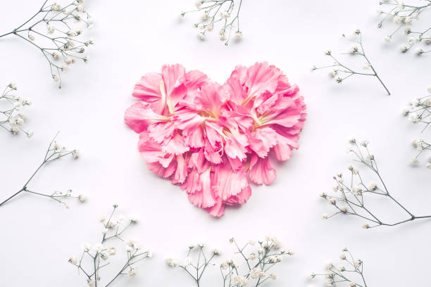 istock Heart shape made of flowers on white background.Flat lay. 909385590