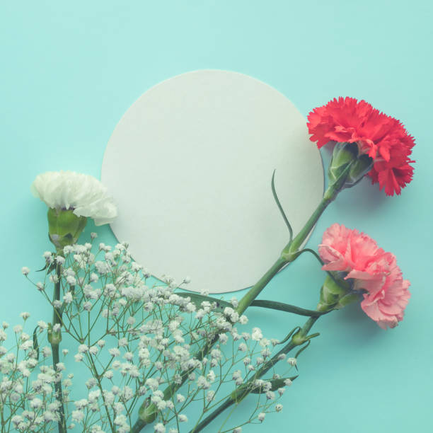 istock White paper space with flower on pastel color background 909388580