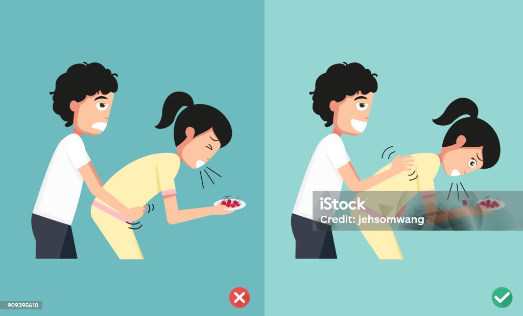 wrong and right ways first aid,man giving choking woman,illustration wrong and right ways first aid,man giving choking woman,illustration,vector Choking stock vector