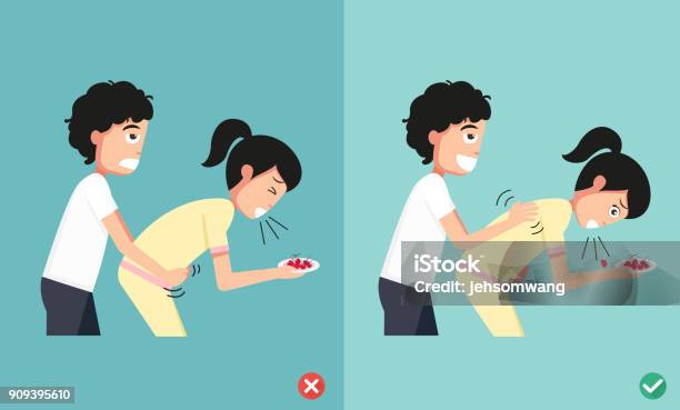 Wrong And Right Ways First Aid Man Giving Choking Woman Illustration Stock Illustration - Download Image Now