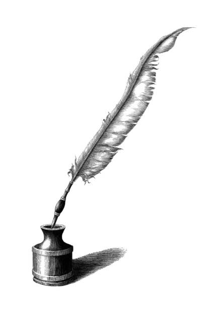 ilustraciones, imágenes clip art, dibujos animados e iconos de stock de botella de tinta y pluma de la mano dibujo vintage grabado ilustración sobre fondo blanco - ink bottle