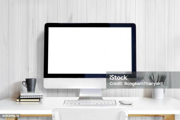 Modern Creative Designer Workplace With Desktop Computer On White Table Mockup Stock Photo - Download Image Now