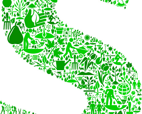 Letter S Garden and Gardening Vector Icon Pattern. The vector icons fill the outline of the main shape depicted in this illustration and form a seamless pattern. These garden and gardening icons vary in size and in the shade of the green color. The icons include classic gardening symbols such as the gardener, watering can, plants and many others.