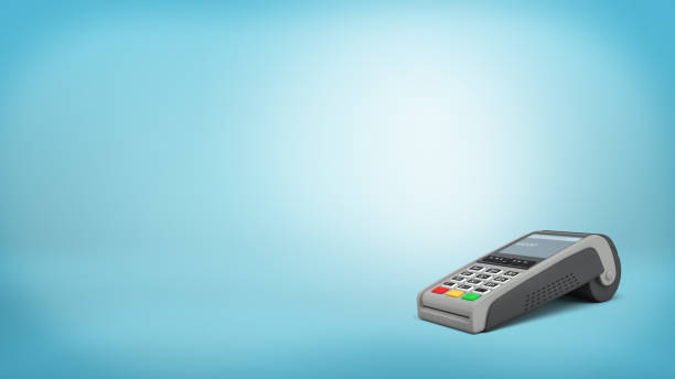 istock 3d rendering of a single credit card terminal stands in a side view on a blue background 909404454