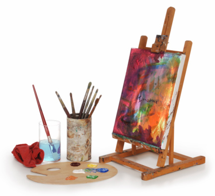 painting on canvas, art palette, brushes and easel isolated on white background.