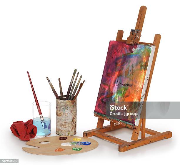 Painted Desktop Canvas With Painting Materials Stock Photo - Download Image Now - Easel, Painting - Activity, White Background