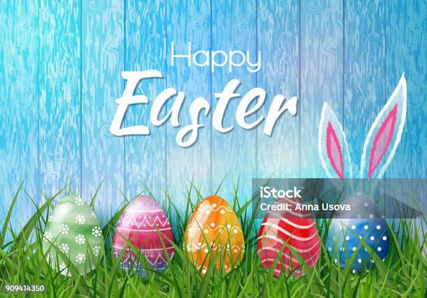 Happy Easter Background With Realistic Easter Eggs Easter Card Stock Illustration - Download Image Now