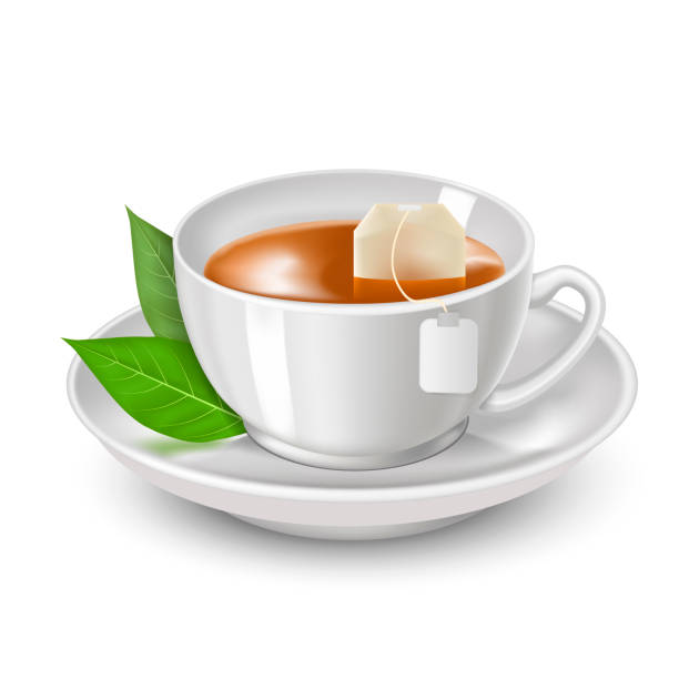 realistyczne szczegółowe 3d czarna torebka i biała herbata cup ad. vector - cup tea teabag tea cup stock illustrations