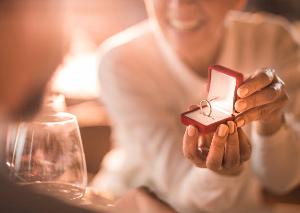 istock Close up of unrecognizable woman proposing with engagement ring. 909416980