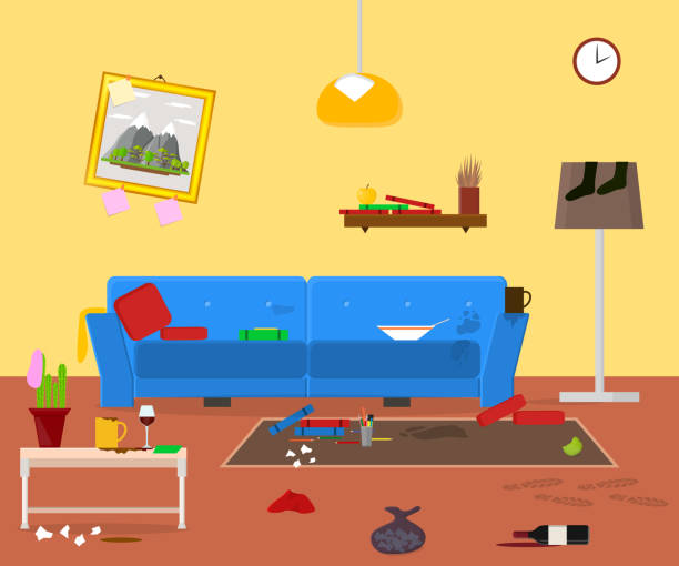 istock Cartoon Dirty Organized Apartment for Cleaning Room Service Card Poster. Vector 909419532