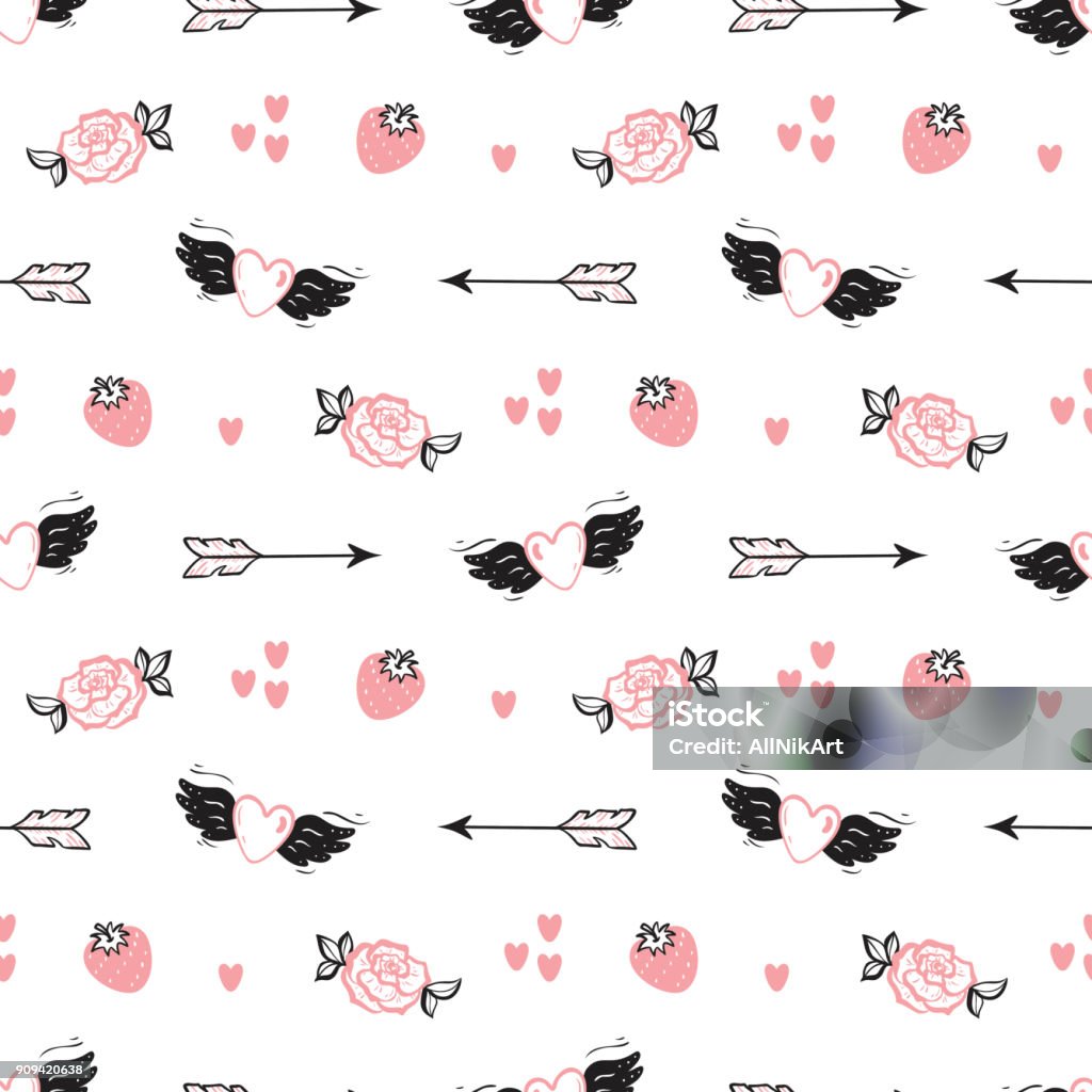 Happy Valentine's day. Love Wedding Vector Background. Valentine Seamless pattern. Hand drawn Doodle Hearts with Wings, Strawberry, Cupid's Arrows, rose flower Angel stock vector